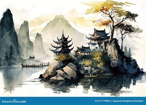 Chinese Ink Landscape Painting Stock Illustration - Illustration of ...