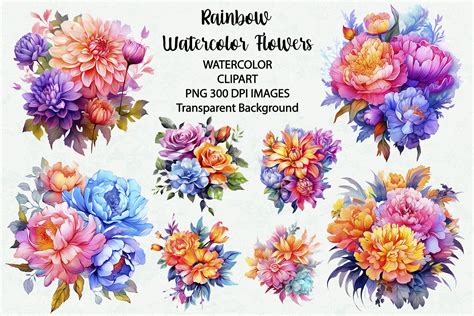 Rainbow Flowers Watercolor Clipart Graphic by siatia · Creative Fabrica