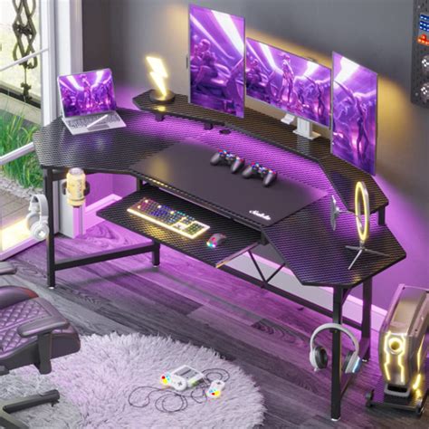 Buy SEDETA Gaming Desk, Computer Desk with Keyboard Tray & LED Lights ...