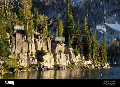 Granite cliffs at sunset, Mirror Lake, Wallowa Mountains, Oregon Stock ...