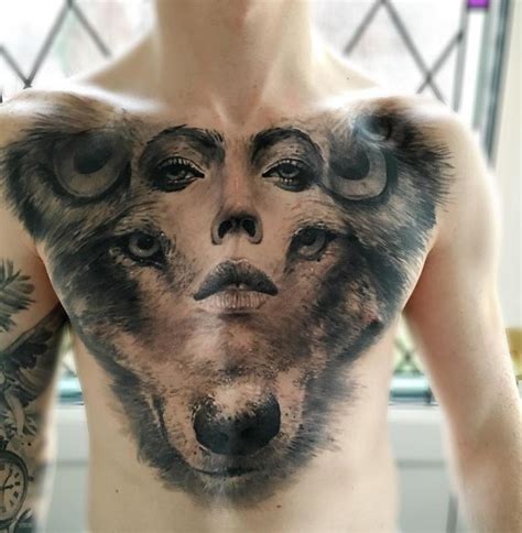 Owl, Woman, Wolf Composite Chest Tattoo by Jak Connolly: TattooNOW