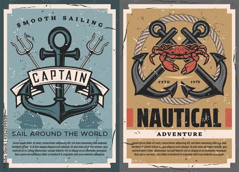 Nautical vintage posters set with ship anchor, crossed marine tridents ...