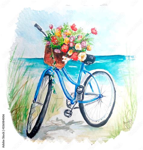 Watercolor painting of Vintage bicycle with flowers sketch art ...