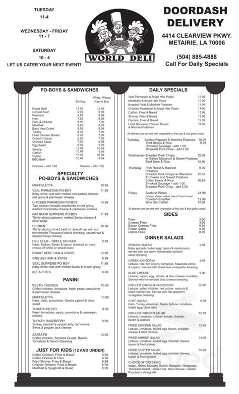 World Deli menus in Metairie, Louisiana, United States