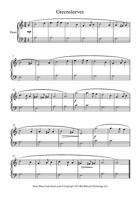 Greensleeves (beginners) Sheet music for Piano - 8notes.com Classical ...