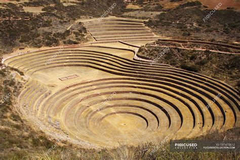 Incan ruins, Moray, Cusco, Peru — built structure, aerial view - Stock ...