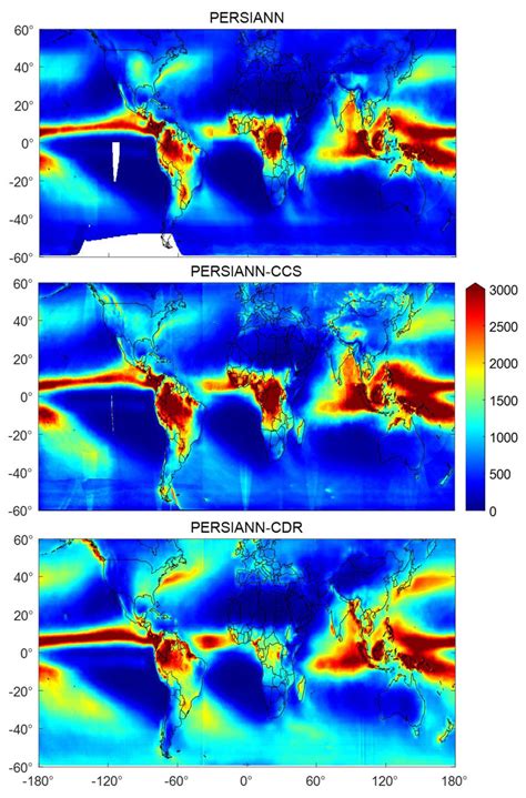 Mean annual precipitation (mm) for PERSIANN, PERSIANN-CCS, and ...