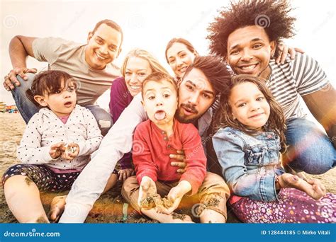 Happy Multiracial Families Taking Selfie at Beach Making Funny Faces ...