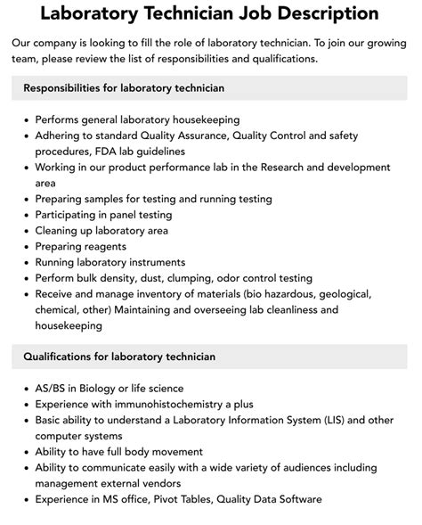 Laboratory Technician Job Description | Velvet Jobs