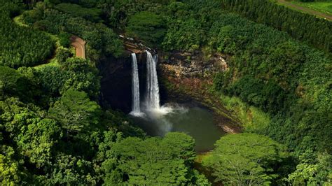 Hawaii, USA, tropical, trees, landscape, aerial, waterfall, nature ...