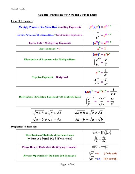 Essential Formulas for Algebra 2 Final Exam - - Studocu