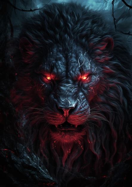 Premium Photo | A close up of a lion with red eyes in a dark forest ...