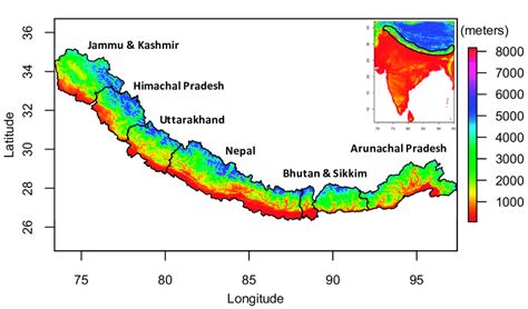 Map of Himalayan region with coordinates and elevational range showing ...