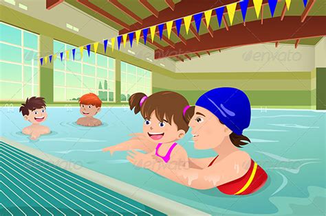 Kids having a Swimming Lesson in Indoor Pool by artisticco | GraphicRiver