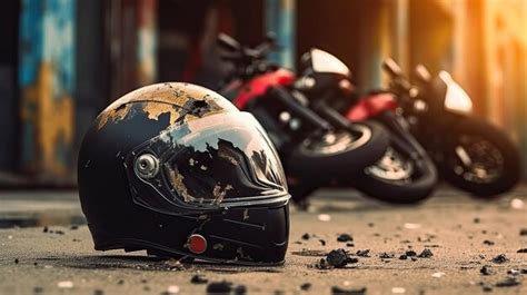 Premium AI Image | Motorbike's safety helmet crash and broke after ...