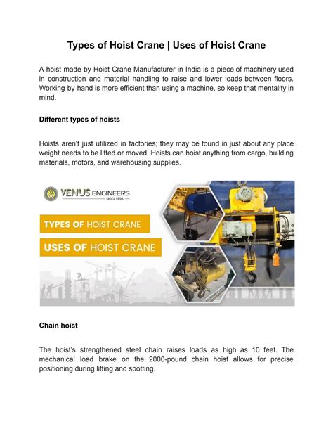 Types of Hoist Crane | Uses of Hoist Crane by Venus Engineers - Issuu