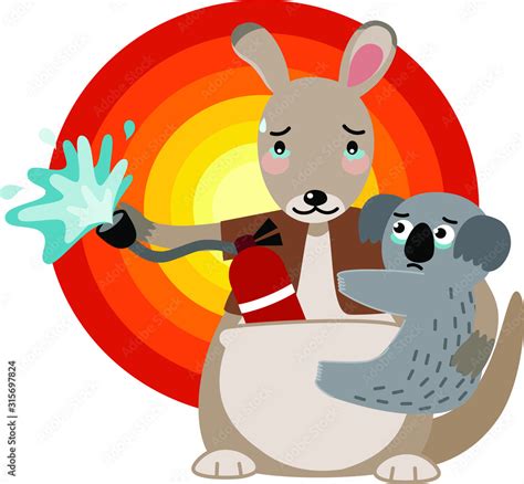 kangaroo and koala are sad and hold fire extinguisher flat cartoon ...