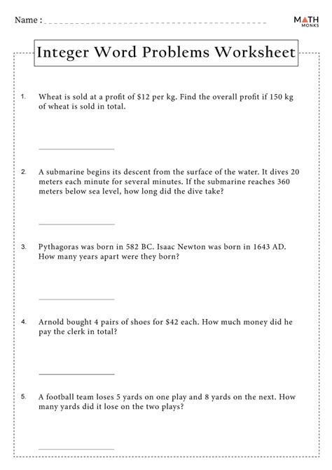 Integer Word Problems Worksheets - Math Monks