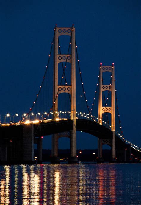 The Mackinaw Bridge At Night By The Straits Of Mackinac Photograph by ...