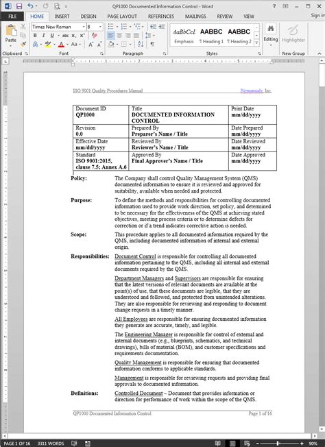 Iso 9001 Document Control Procedure Example - Free Documents