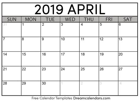 April 2019 Calendar - Free Printable with Holidays and Observances