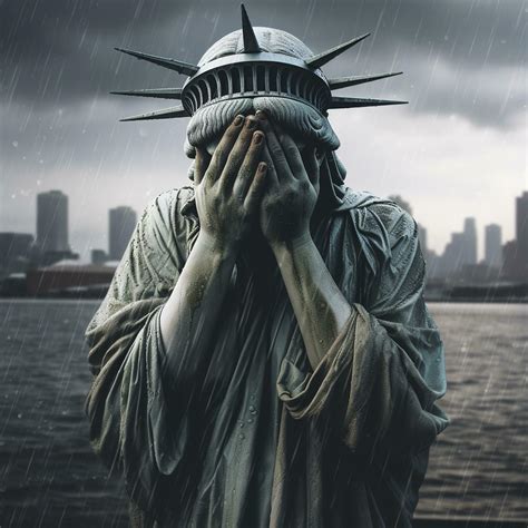 Statue of liberty crying with her hands covering her face, raining ...