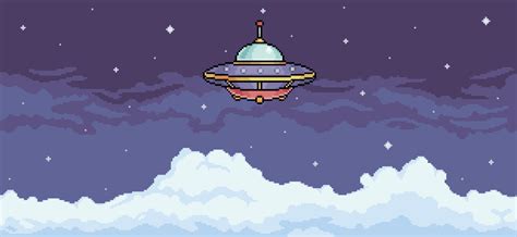 pixel art ufo no céu nublado. nave alienígena voando no céu noturno ...