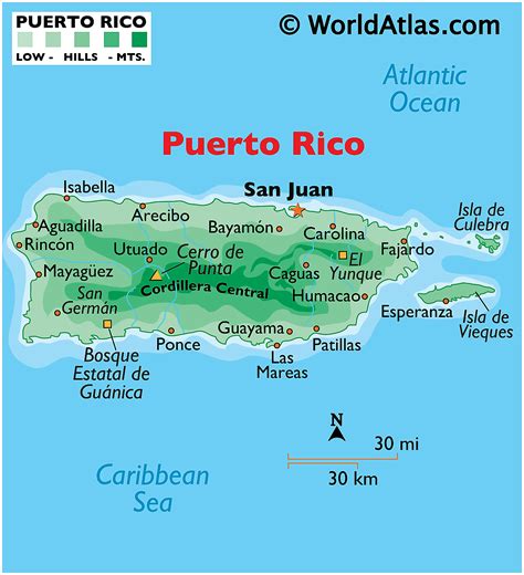 a map of puerto rico with the capital and major cities on it's borders