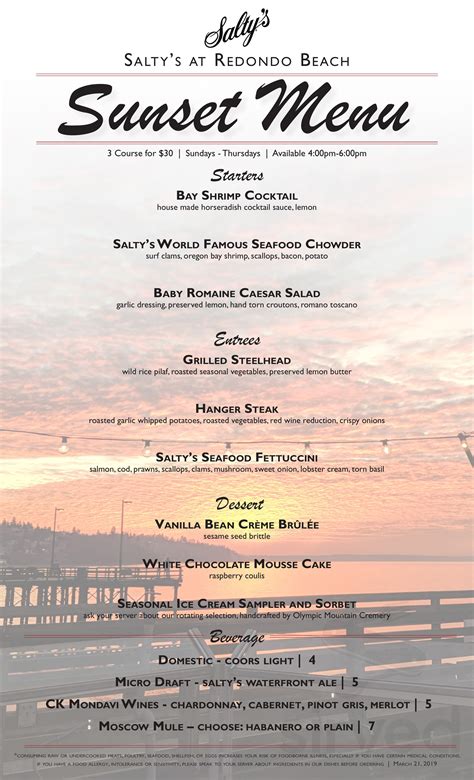 Salty's menu in Portland, Oregon, USA