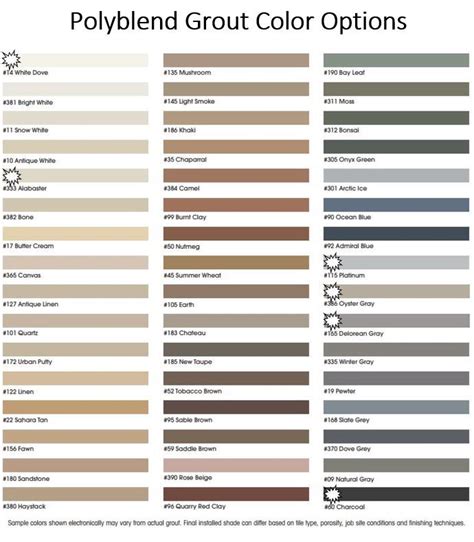 the color chart for polyblend grout colors in various sizes and colors ...