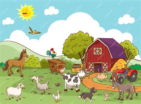 Premium Vector | Cartoon farm animals in the farming background