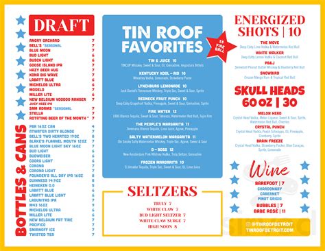 Tin Roof Detroit menu in Detroit, Michigan, USA