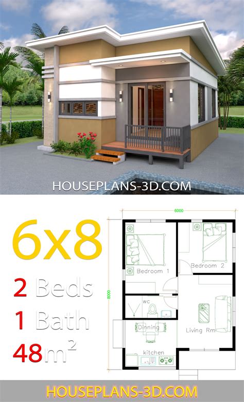 House Design 6x8 with 2 Bedrooms - House Plans 3D | House plans, House ...