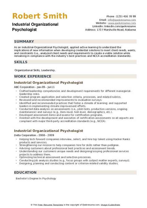 Industrial Organizational Psychologist Resume Samples | QwikResume