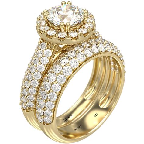 Halo Design 925 Sterling Silver 18k Gold Tone Wedding Ring Set