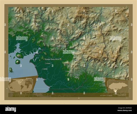 Choluteca, department of Honduras. Colored elevation map with lakes and ...