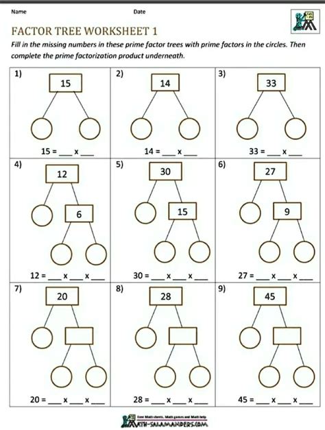 SOLVED: Name Date FACTOR TREE WORKSHEET 1 Fill in the missing numbers ...