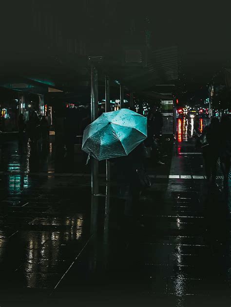 Green umbrella, buildings, city, urban, road, street, rain, wet ...