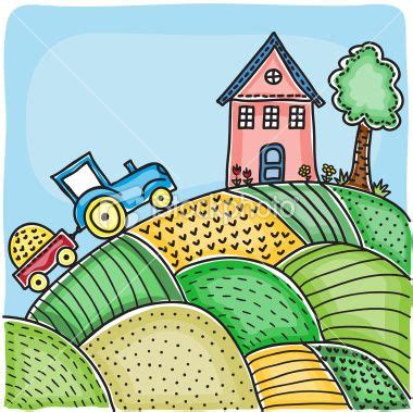 "Illustration of agricultural fields, house on hill and tractor ...