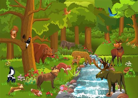 Wild animals in the forest. Cartoon illustration of wild animals coming ...