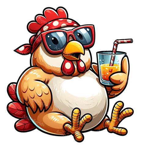 Cartoon Chicken Clipart With Glasses & Cocktail PNG for T-shirts, Mugs ...