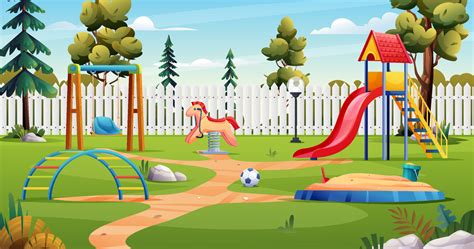 Kids playground with slide, swing, sandbox and toys cartoon landscape ...