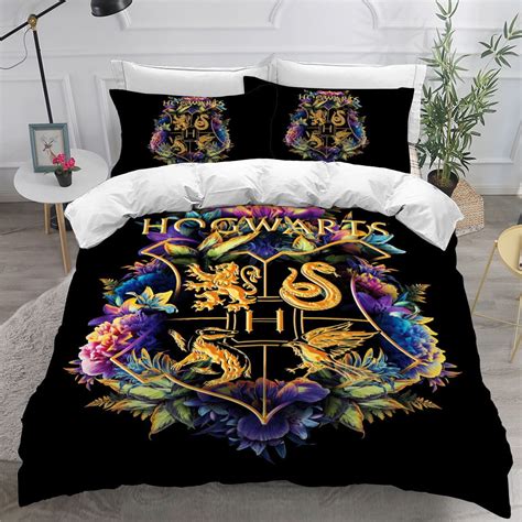 Harry Potter Hogwarts Golden Logo With Magical Floral Bedding Set Full ...