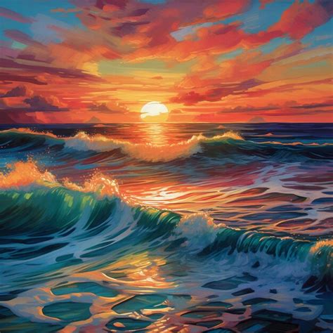 Premium AI Image | a painting of a sunset with the sun setting behind ...