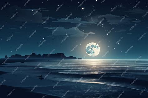 Premium AI Image | Night ocean landscape full moon and stars shine