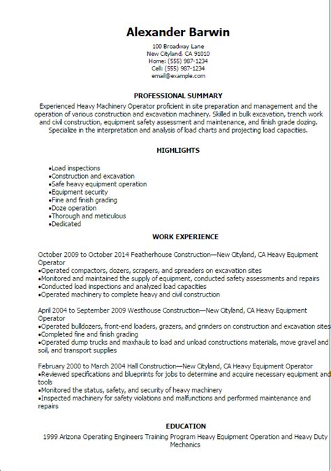 Heavy Machinery Operator Resume Example