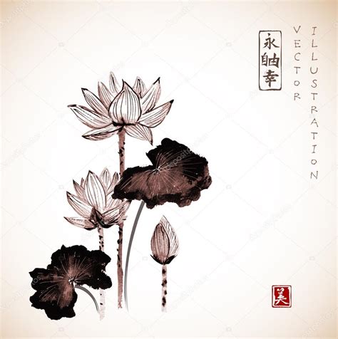 Traditional Japanese ink Lotus flowers Stock Vector by ©Elinacious ...