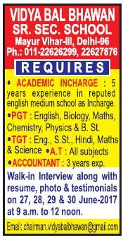 Vidya Bal Bhawan Sr. Sec School, New Delhi Wanted PGT plus TGT ...