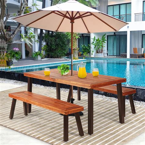 Costway Acacia Wooden Patio Dining Set with Separate Benches and ...