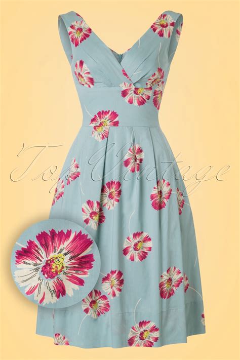 50s Lillian Floating Daisies Dress in Dusty Blue